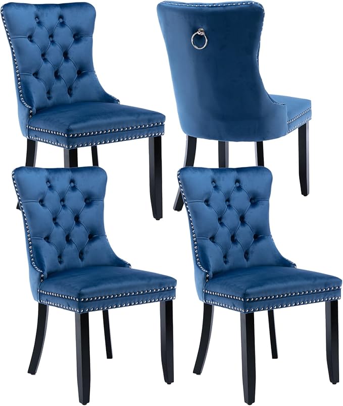 Dining Room Chairs Set of 4, Tufted Velvet Chairs with Wooden Legs, Rivet Trim Pull Ring Large for Kitchen Dining Room Restaurant