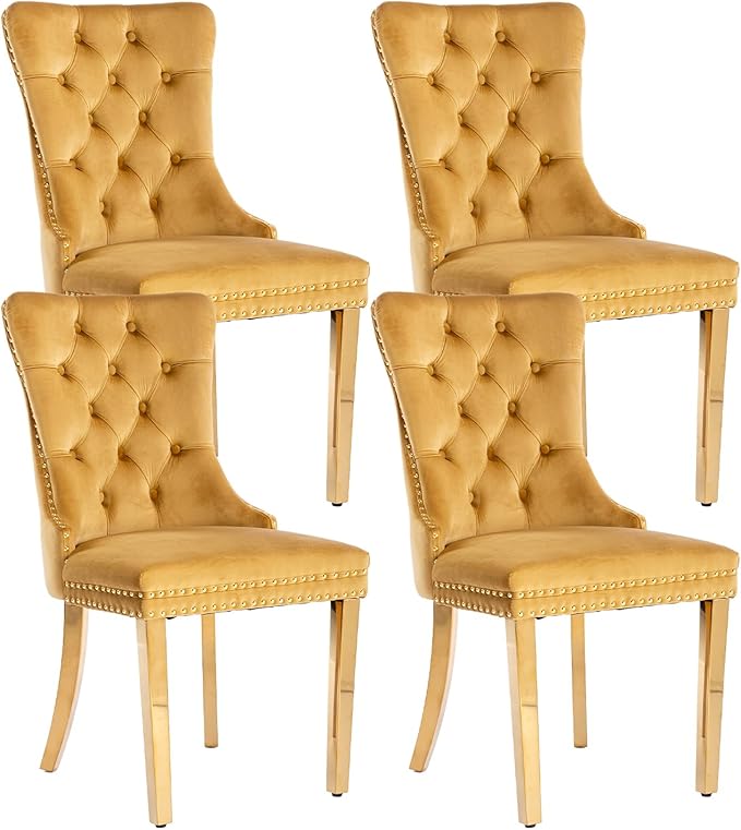Dining Room Chairs Set of 4, Tufted Velvet Chairs with Wooden Legs, Rivet Trim Pull Ring Large for Kitchen Dining Room Restaurant