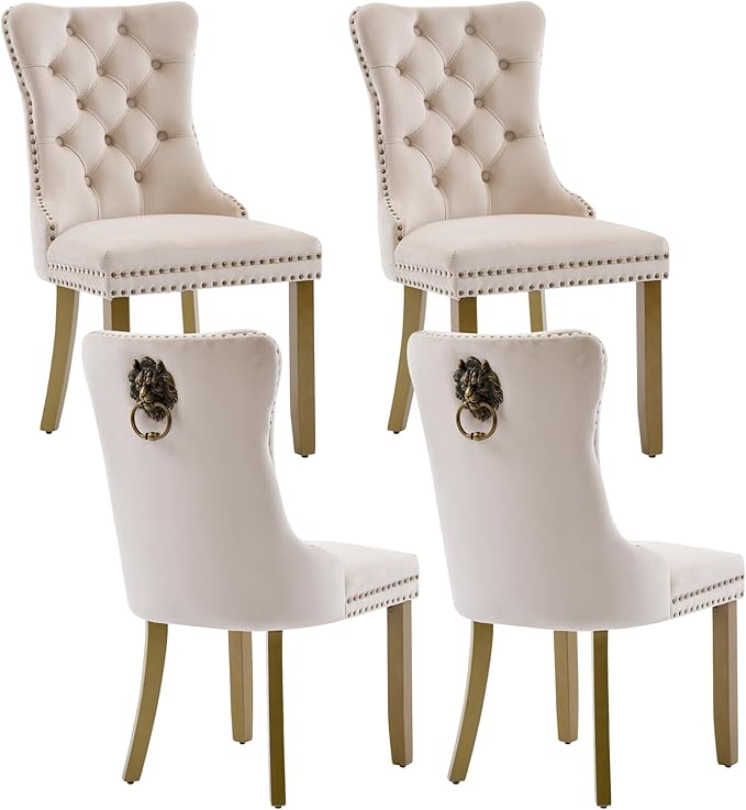 Dining Room Chairs Set of 4, Tufted Velvet Chairs with Wooden Legs, Rivet Trim Pull Ring Large for Kitchen Dining Room Restaurant