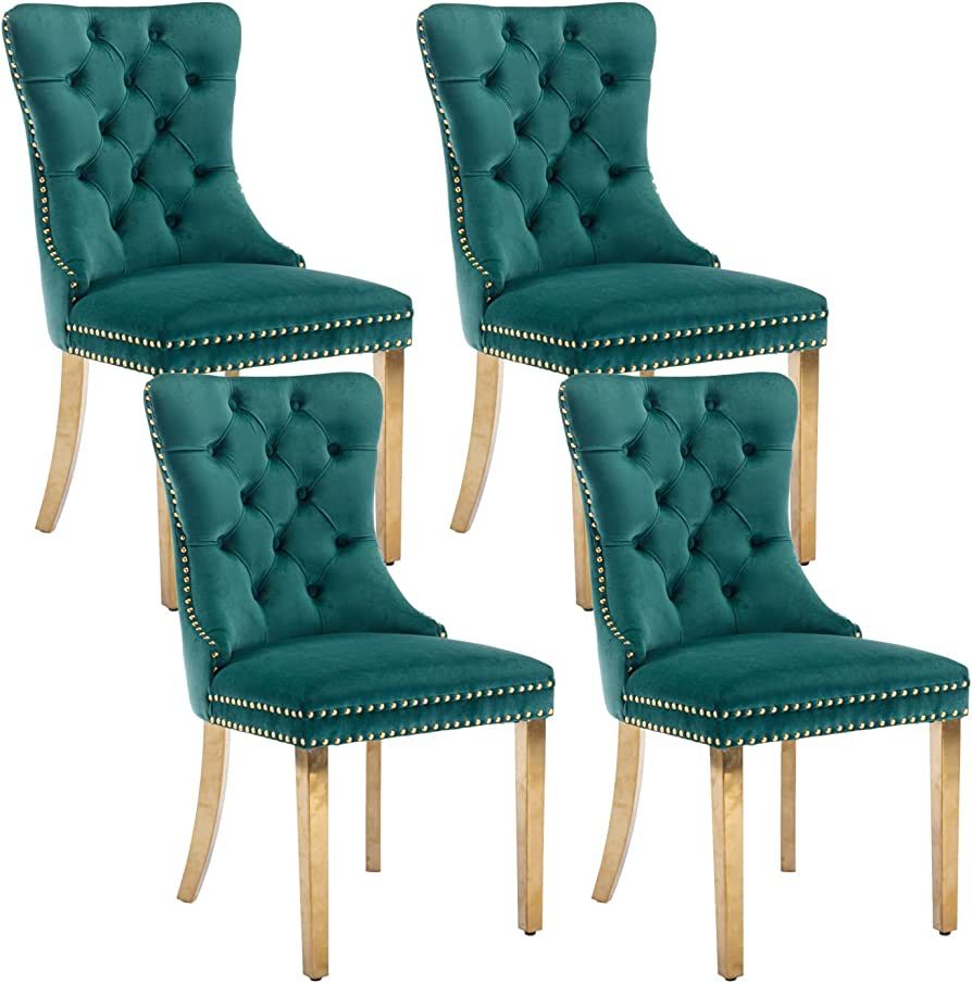 Dining Room Chairs Set of 4, Tufted Velvet Chairs with Wooden Legs, Rivet Trim Pull Ring Large for Kitchen Dining Room Restaurant