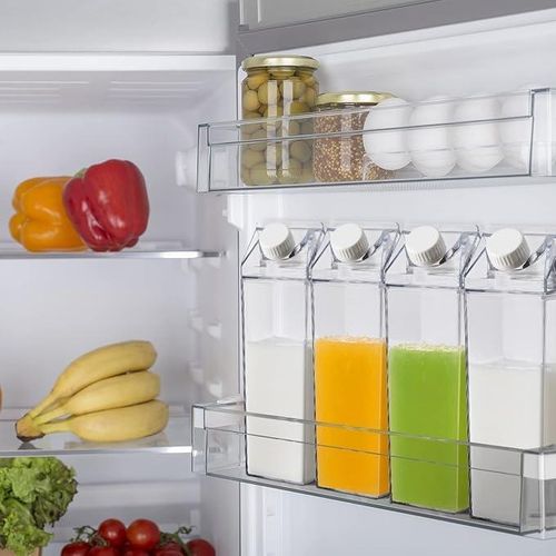 1L Clear Plastic Milk Bottle for Refrigerator Organization, Square No BPA Leakproof Acrylic Fridge Bottle with Tight Duo Lid, Portable Reusable Carton Shaped Juice Bottle