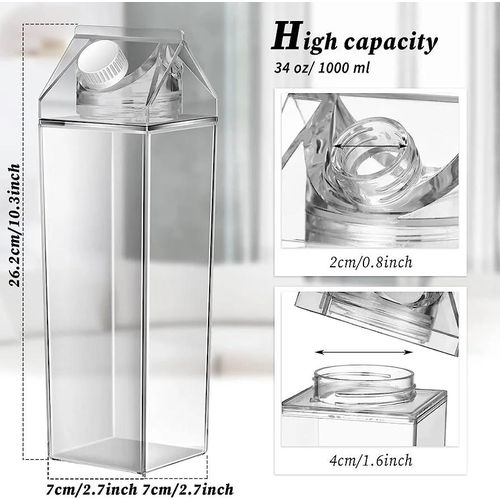 1L Clear Plastic Milk Bottle for Refrigerator Organization, Square No BPA Leakproof Acrylic Fridge Bottle with Tight Duo Lid, Portable Reusable Carton Shaped Juice Bottle