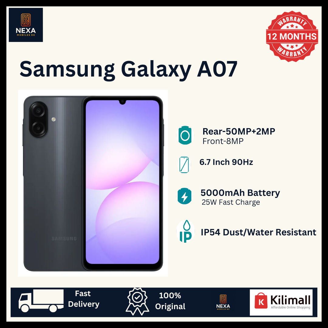 [Free Gifts🔥🔥] Samsung Galaxy A07 128GB+4GB 6.7" Dual SIM PLS LCD 90Hz Display 50MP Rear & 8MP Selfie Camera Fingerprint Unlock 5000mAh Battery 25W Charging IP54 Rated Android Smartphone