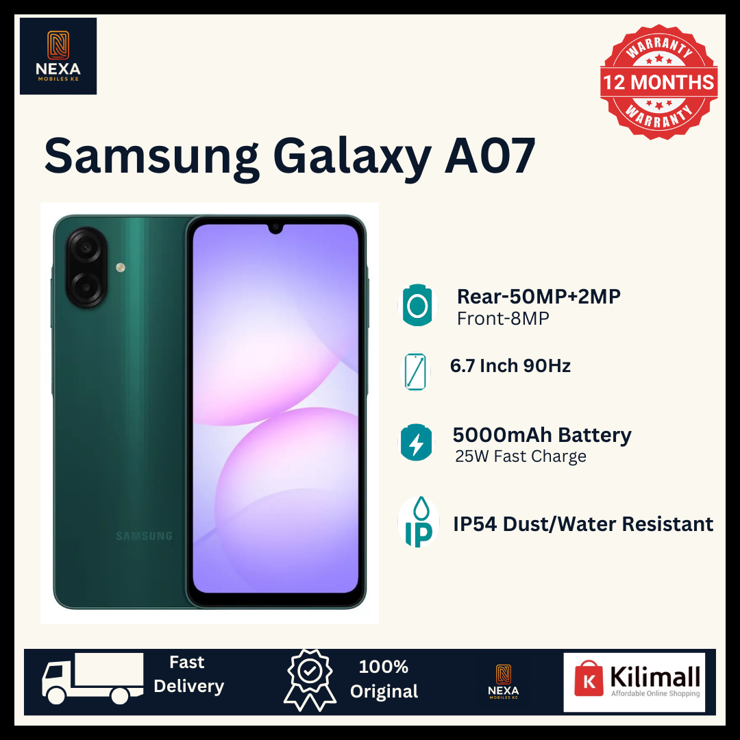 [Free Gifts🔥🔥] Samsung Galaxy A07 128GB+4GB 6.7" Dual SIM PLS LCD 90Hz Display 50MP Rear & 8MP Selfie Camera Fingerprint Unlock 5000mAh Battery 25W Charging IP54 Rated Android Smartphone