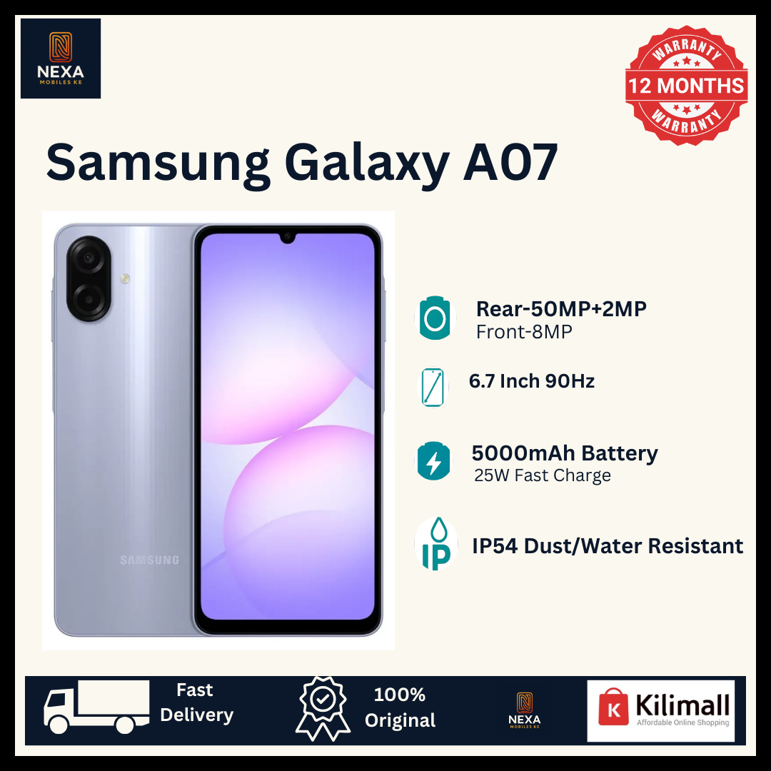 [Free Gifts🔥🔥] Samsung Galaxy A07 128GB+4GB 6.7" Dual SIM PLS LCD 90Hz Display 50MP Rear & 8MP Selfie Camera Fingerprint Unlock 5000mAh Battery 25W Charging IP54 Rated Android Smartphone