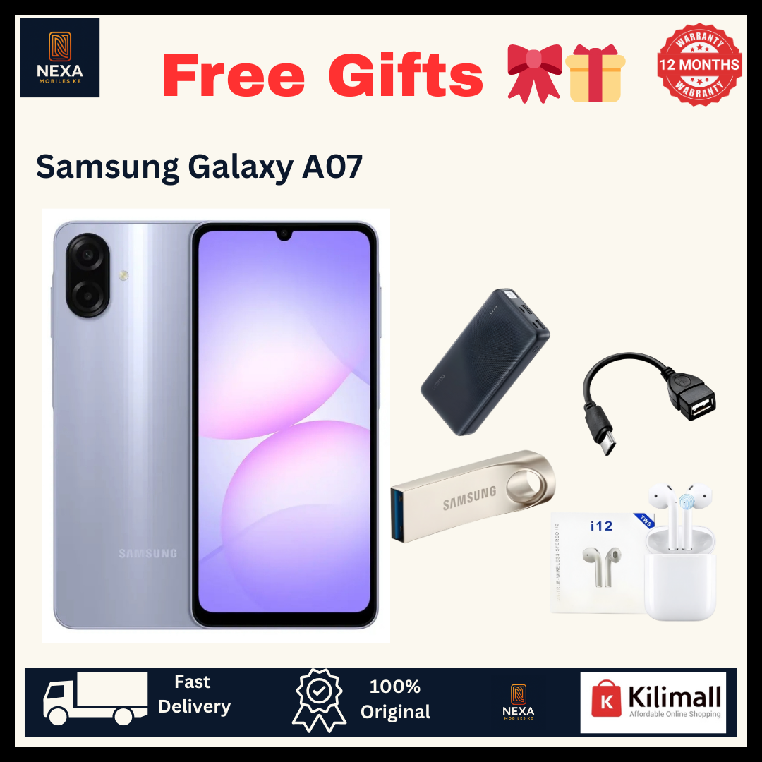 [Free Gifts🔥🔥] Samsung Galaxy A07 128GB+4GB 6.7" Dual SIM PLS LCD 90Hz Display 50MP Rear & 8MP Selfie Camera Fingerprint Unlock 5000mAh Battery 25W Charging IP54 Rated Android Smartphone