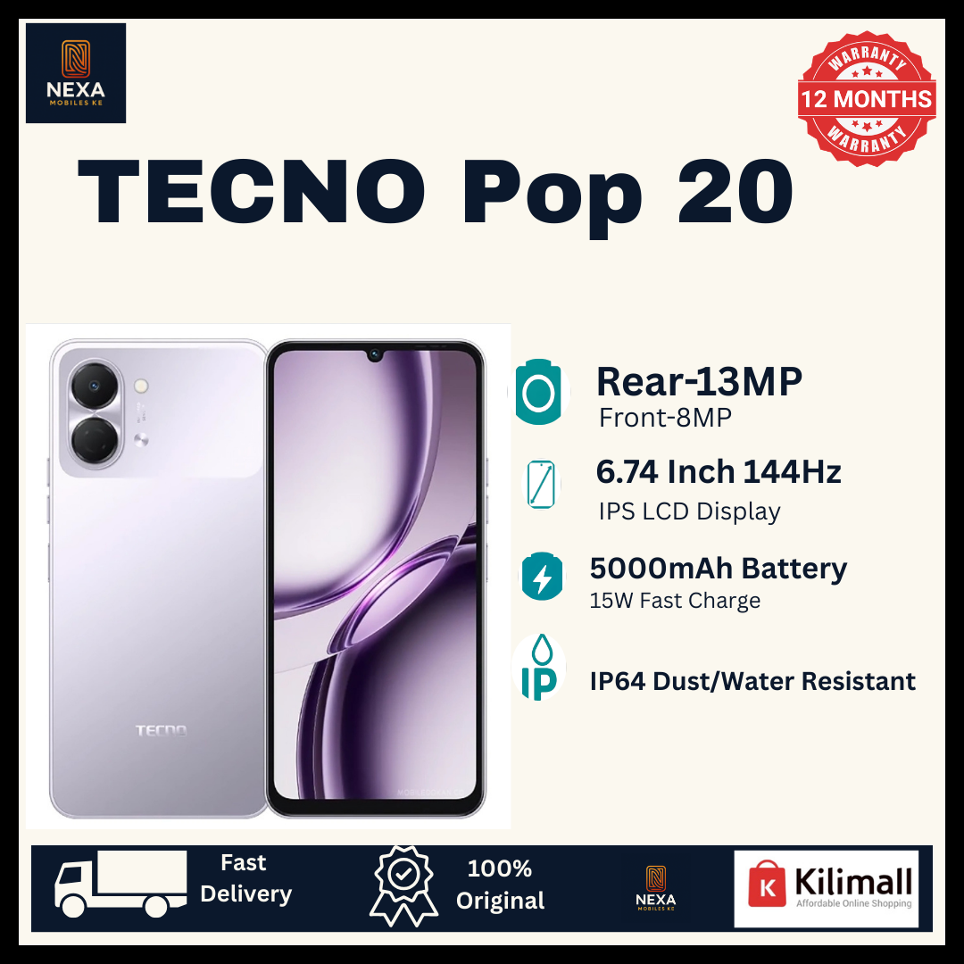 [Tech Week🔥🔥] TECNO Pop 20 128GB/64GB+4GB 6.74" IPS LCD 120Hz Display 13MP Rear Camera 5000mAh Battery 15W Fast Charging Dual SIM IP64 Dust & Watertight Fingerprint Unlock Smart Android Smartphone