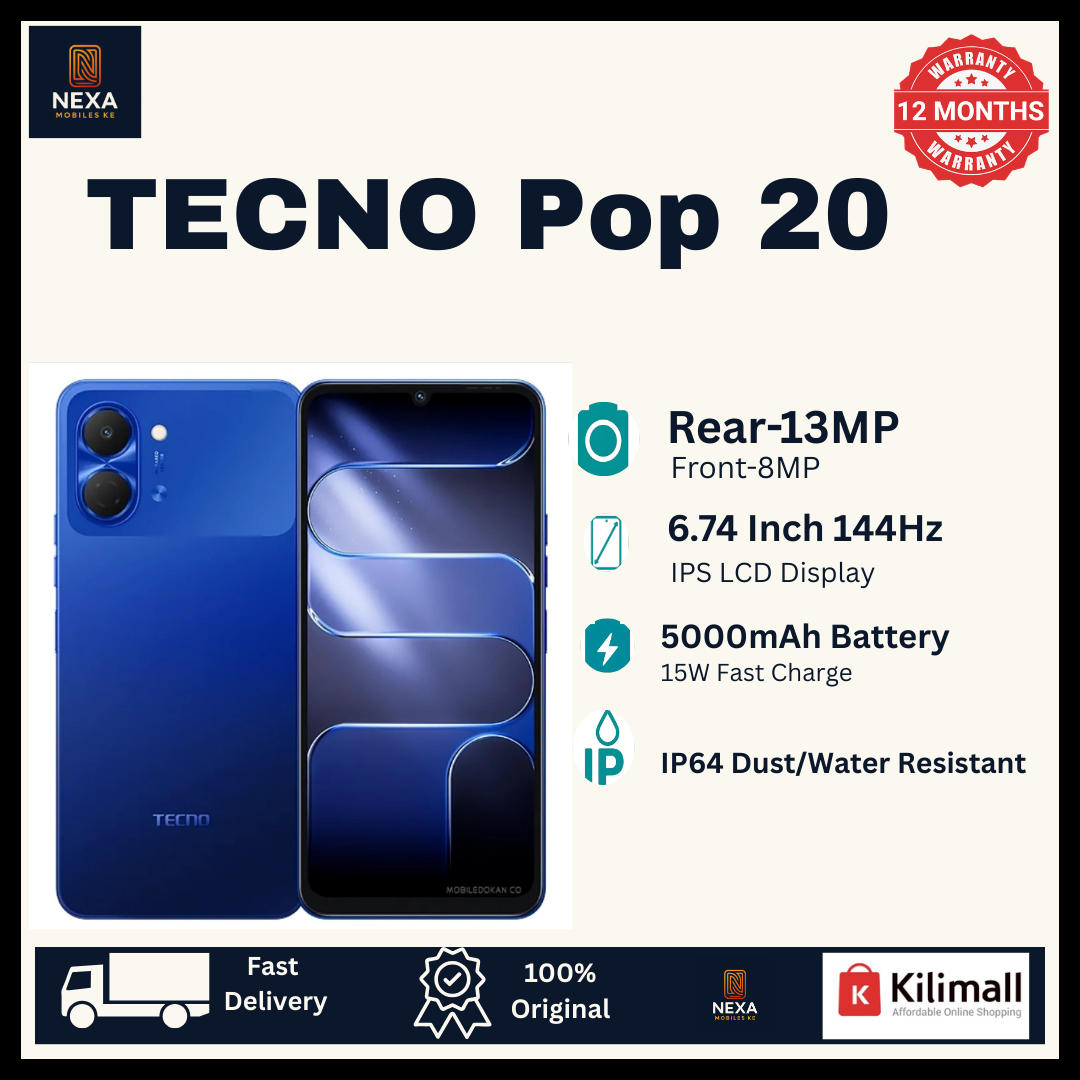 [Tech Week🔥🔥] TECNO Pop 20 128GB/64GB+4GB 6.74" IPS LCD 120Hz Display 13MP Rear Camera 5000mAh Battery 15W Fast Charging Dual SIM IP64 Dust & Watertight Fingerprint Unlock Smart Android Smartphone