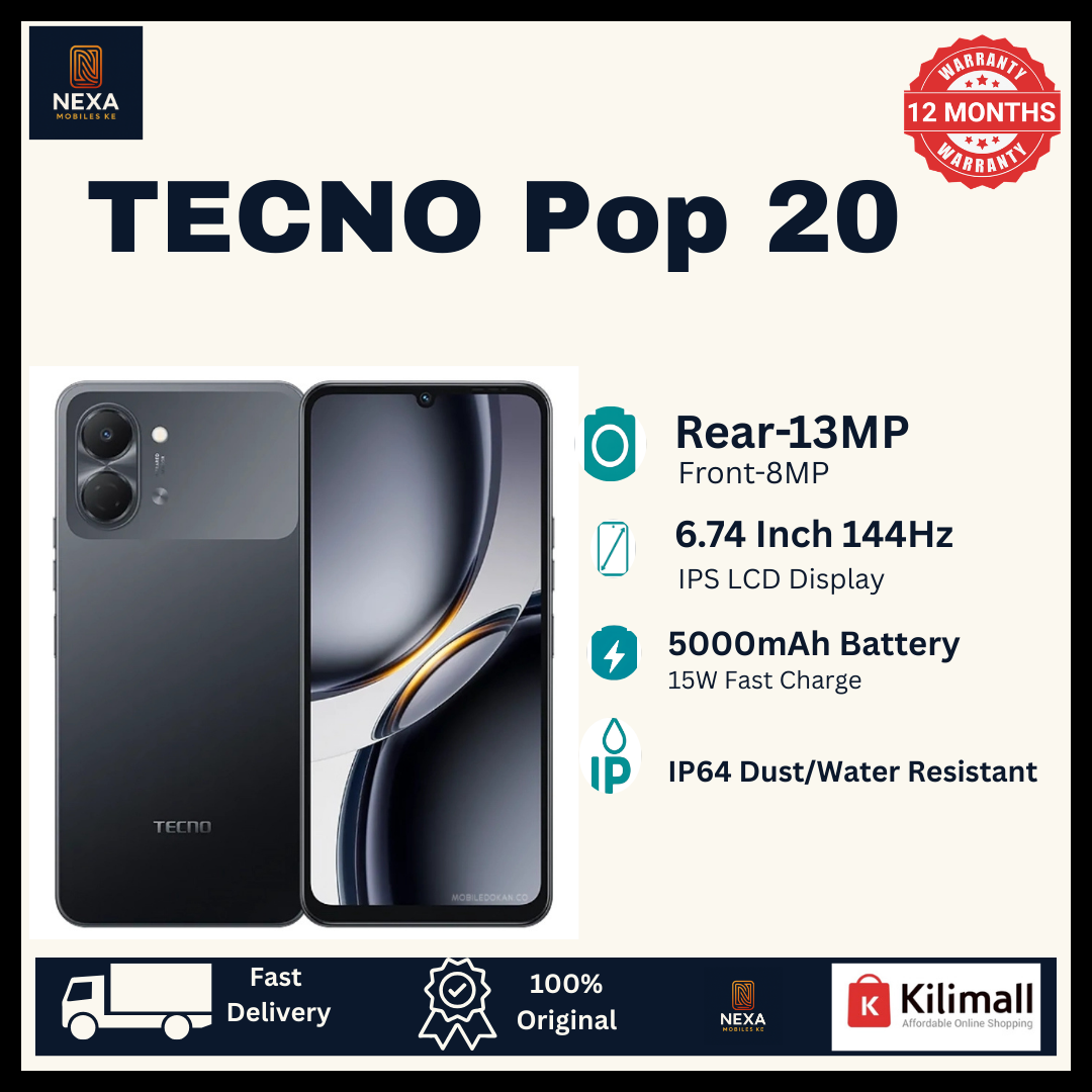 [Tech Week🔥🔥] TECNO Pop 20 128GB/64GB+4GB 6.74" IPS LCD 120Hz Display 13MP Rear Camera 5000mAh Battery 15W Fast Charging Dual SIM IP64 Dust & Watertight Fingerprint Unlock Smart Android Smartphone