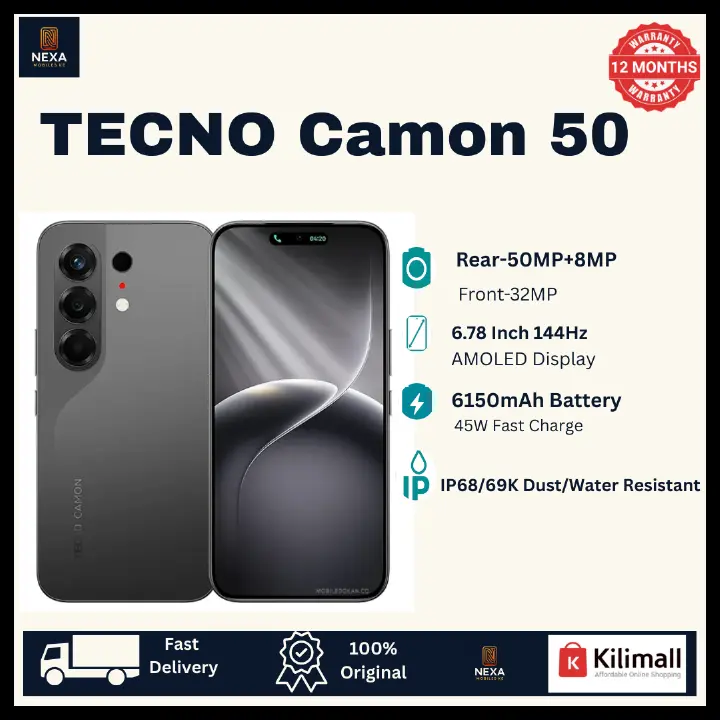 [Tech Week🔥🔥] TECNO Camon 50 256GB+16(8+8)GB Dual SIM 6.78" 144Hz AMOLED (50+8)MP Camera 6150mAh Battery 45W Fast Charging Under-Display Fingerprint IP68/69K Rated Android 16 Smart AI Smartphone