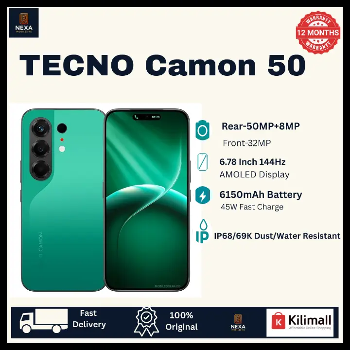 [Tech Week🔥🔥] TECNO Camon 50 256GB+16(8+8)GB Dual SIM 6.78" 144Hz AMOLED (50+8)MP Camera 6150mAh Battery 45W Fast Charging Under-Display Fingerprint IP68/69K Rated Android 16 Smart AI Smartphone