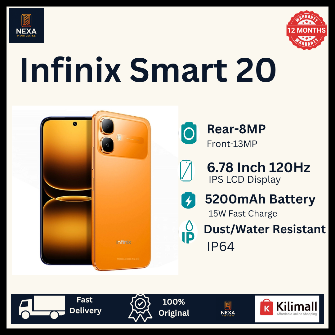 [New Arrival!!!] Infinix Smart 20 128GB+8(4+4)GB 6.78" IPS LCD 120Hz Display Dual SIM 8MP Camera 5200mAh Battery 15W Charging Fingerprint Unlock MTK Helio G81 Ultimate IP64 Rated Android 16 Smartphone