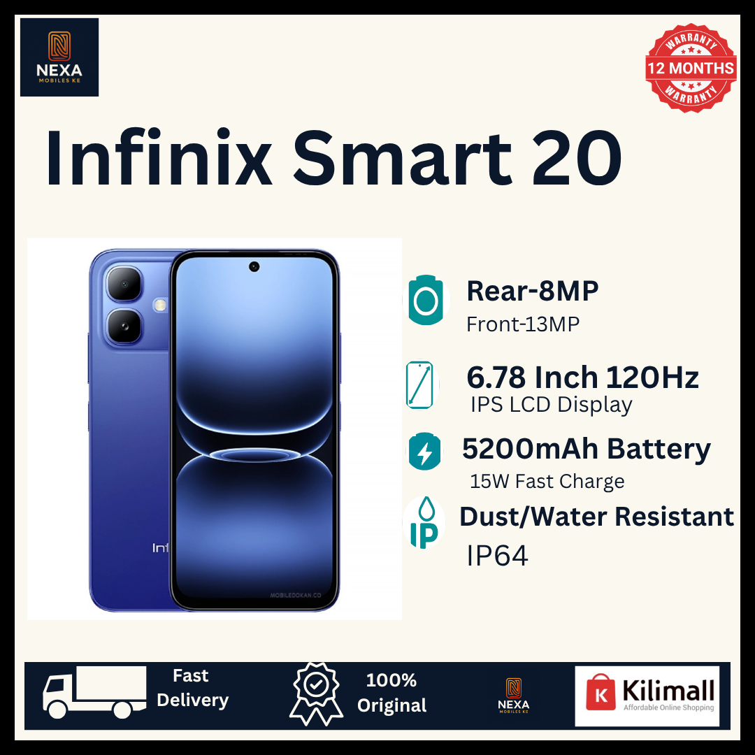 [New Arrival!!!] Infinix Smart 20 128GB+8(4+4)GB 6.78" IPS LCD 120Hz Display Dual SIM 8MP Camera 5200mAh Battery 15W Charging Fingerprint Unlock MTK Helio G81 Ultimate IP64 Rated Android 16 Smartphone