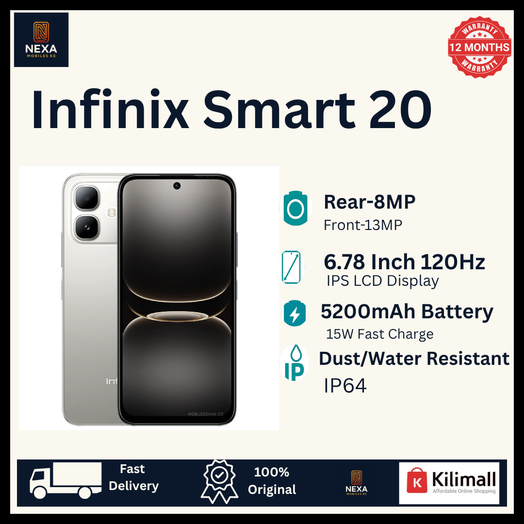 [New Arrival!!!] Infinix Smart 20 128GB+8(4+4)GB 6.78" IPS LCD 120Hz Display Dual SIM 8MP Camera 5200mAh Battery 15W Charging Fingerprint Unlock MTK Helio G81 Ultimate IP64 Rated Android 16 Smartphone