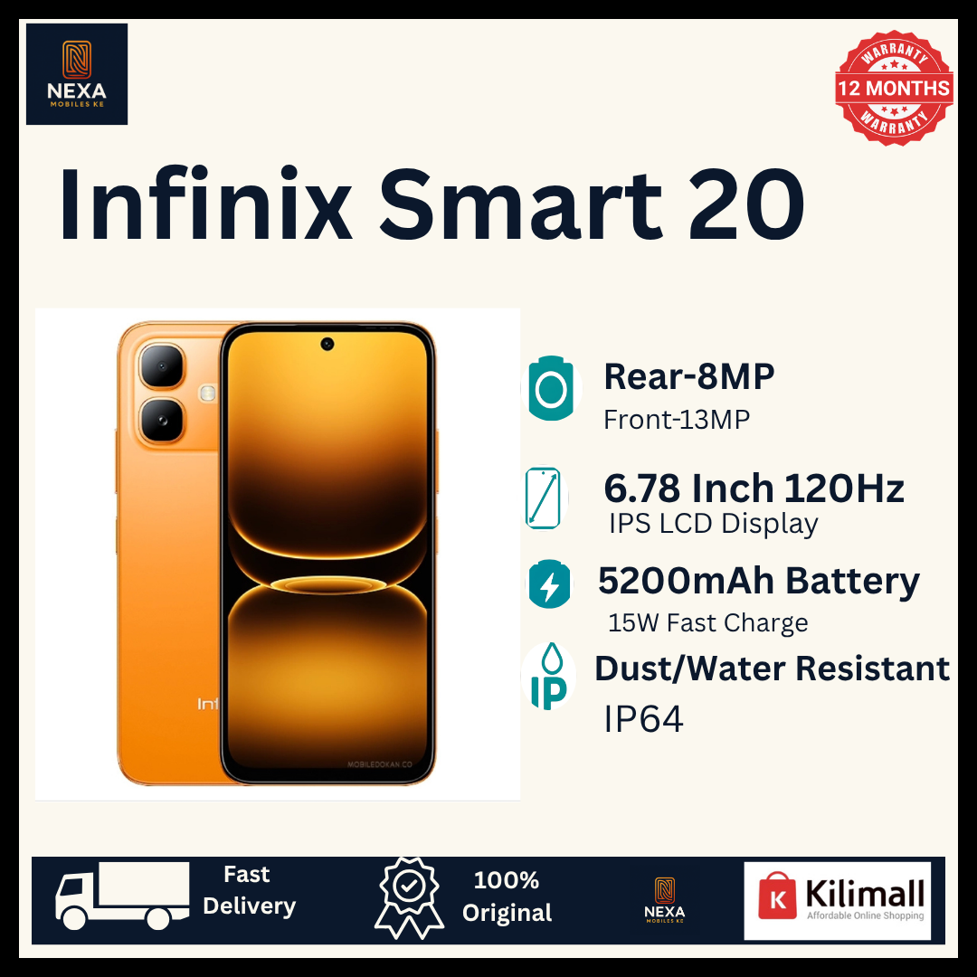 [New Arrival!!!] Infinix Smart 20 128GB+8(4+4)GB 6.78" IPS LCD 120Hz Display Dual SIM 8MP Camera 5200mAh Battery 15W Charging Fingerprint Unlock MTK Helio G81 Ultimate IP64 Rated Android 16 Smartphone