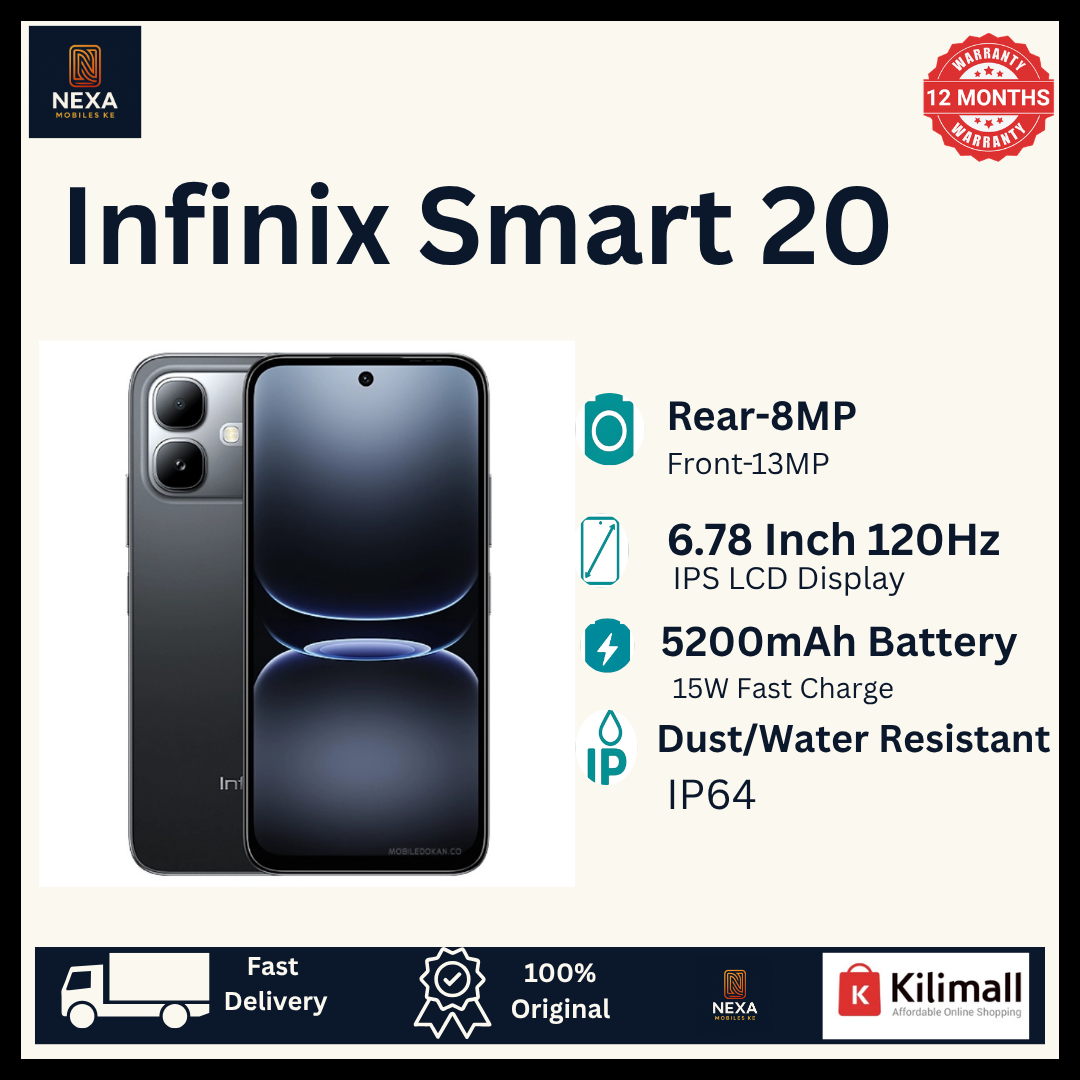 [New Arrival!!!] Infinix Smart 20 128GB+8(4+4)GB 6.78" IPS LCD 120Hz Display Dual SIM 8MP Camera 5200mAh Battery 15W Charging Fingerprint Unlock MTK Helio G81 Ultimate IP64 Rated Android 16 Smartphone