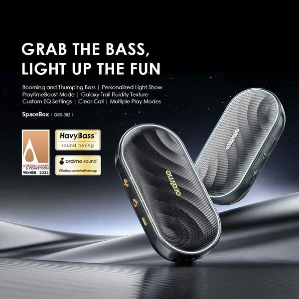 [Exclusive Online Offer] Oraimo SpaceBox (OBS-382) compact, 8W portable Bluetooth speaker, battery 1800mAh,Bluetooth, TF Card (MicroSD), and FM Radio, Type C Charging, Crystal-Clear Calls