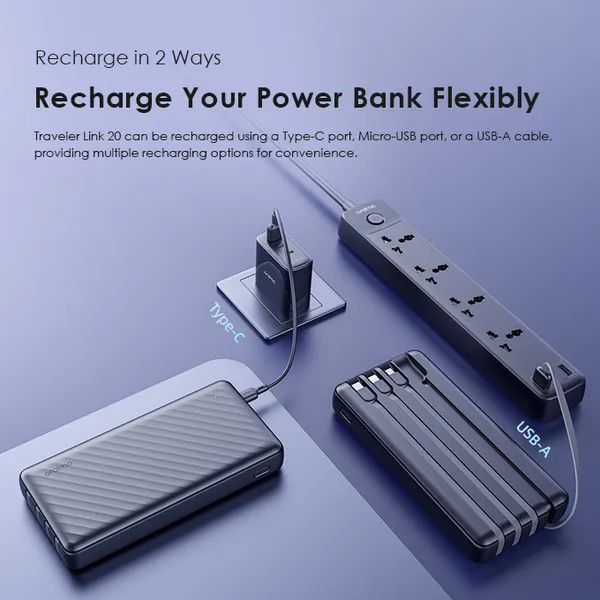 [Exclusive Online Offer] Oraimo Traveler Link 20 (Model: OPB-P5201), 4 built-in cables power bank, High Battery Life: With 20,000mAh, Integrated LED Torch, Safety Protections, Durable Build