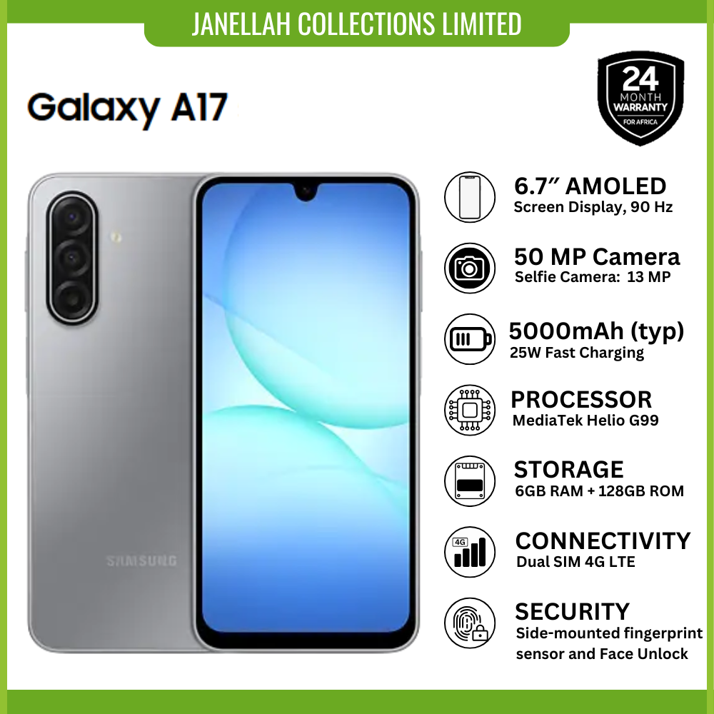[Exclusive Online Offer] Brand New Samsung Galaxy A17,6.7-inch AMOLED, 5,000mAh battery, 4GB / 128GB (Expandable to 2TB) & 6GB RAM, 50MP Main (with OIS) + 5MP + 2MP,13MP Selfie, 24months warranty