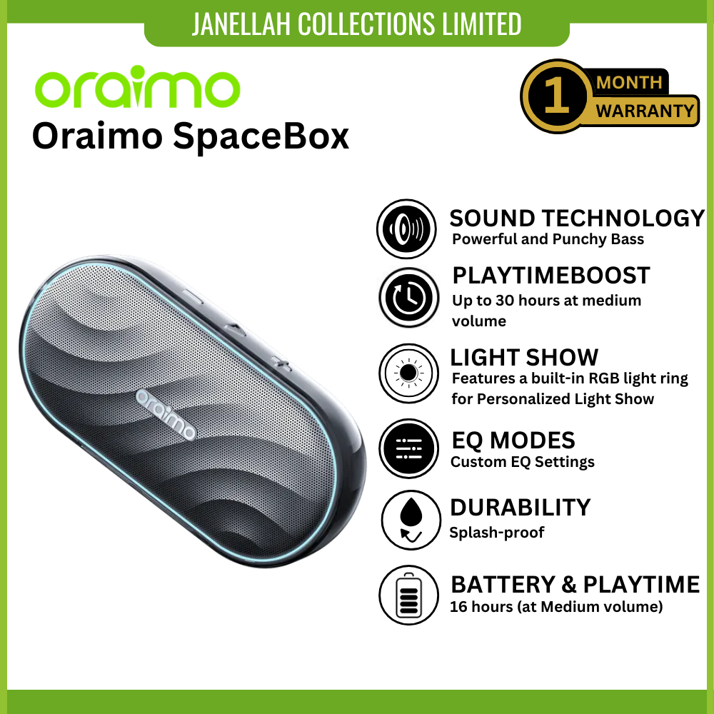 [Exclusive Online Offer] Oraimo SpaceBox (OBS-382) compact, 8W portable Bluetooth speaker, battery 1800mAh,Bluetooth, TF Card (MicroSD), and FM Radio, Type C Charging, Crystal-Clear Calls