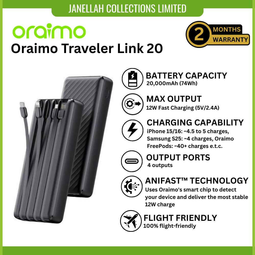 [Exclusive Online Offer] Oraimo Traveler Link 20 (Model: OPB-P5201), 4 built-in cables power bank, High Battery Life: With 20,000mAh, Integrated LED Torch, Safety Protections, Durable Build