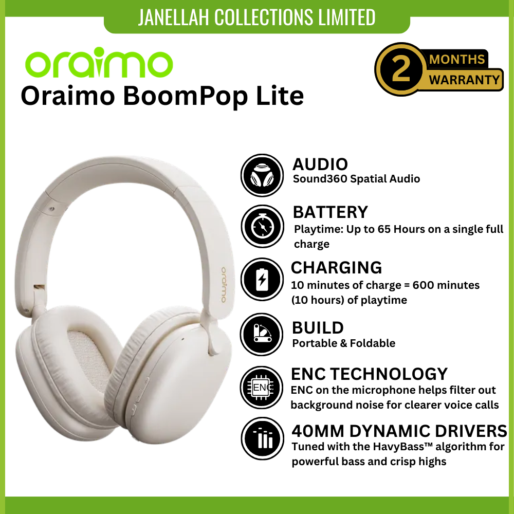 [Exclusive Online Offer] Oraimo BoomPop Lite (model OHP-317) over-ear wireless Oraimo headphone, Endless Battery, Sound360 Spatial Audio, ENC Technology, Dual Device Connection, Game Mode, App Support