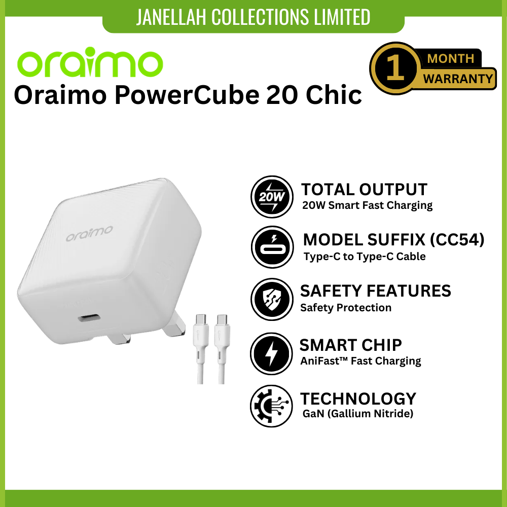 [Exclusive Online Offer] Oraimo PowerCube 20 Chic (OCW-5201U-CC54) 20W GaN Type-C to Type-C cable wall charger, AniFast™ Technology, Foldable Design, 9-Layer Safety Protection