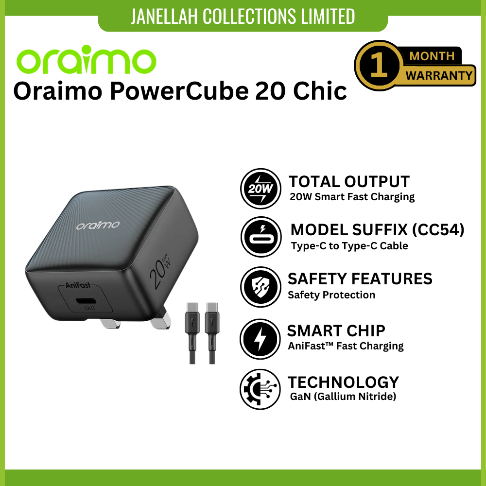 [Exclusive Online Offer] Oraimo PowerCube 20 Chic (OCW-5201U-CC54) 20W GaN Type-C to Type-C cable wall charger, AniFast™ Technology, Foldable Design, 9-Layer Safety Protection