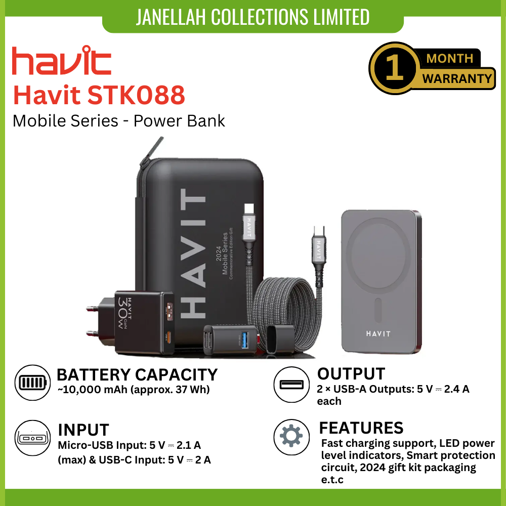[Exclusive Online Offer] Havit STK088 Mobile Series Power Bank (2024 Gift Kit), 10,000mAh, Smart Protection System, LED Indicators, Universal Compatibility, output of 20W (Max) for gifting and travel