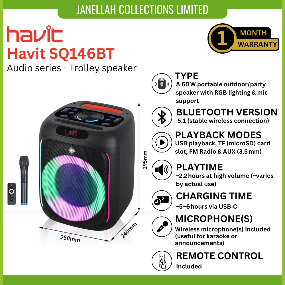 [Exclusive Online Offer] Havit SQ146BT Audio series- Trolley speaker, trolley-style speaker designed for outdoor events, karaoke, and small gatherings, TWS (True Wireless Stereo), Dynamic RGB Lighting