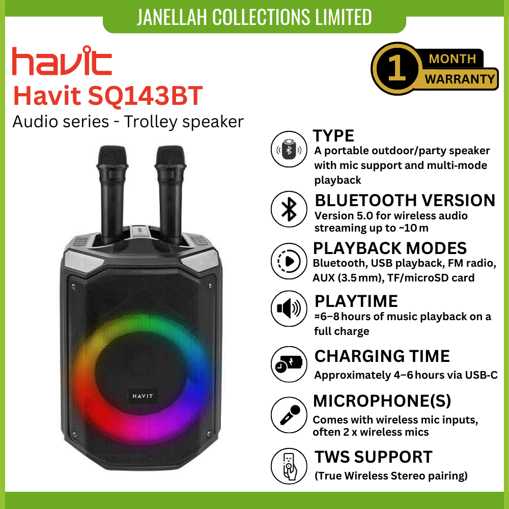 [Exclusive Online Offer] Havit SQ143BT Audio series- Trolley speaker, Dual Wireless Microphones, Trolley Design, True Wireless Stereo (TWS), Lighting Effects, Outdoor events and karaoke