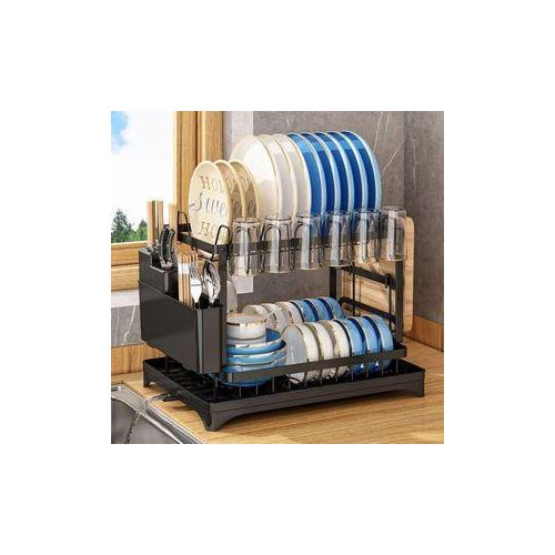 Advanced 2-Tier Black Dishrack – Large Capacity Dish Drainer with Cup Holder & Utensil Rack