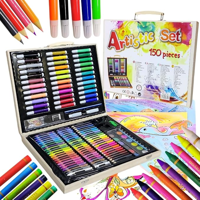 PREMIUM 150 PCS Wooden Case Art Set Supplies Drawing Painting Art Set for Kids Girls Boys Teens, Wooden Case Coloring Art Kit Drawing Art Supplies Case, Markers Crayon Colour Pencils for Artists Kids