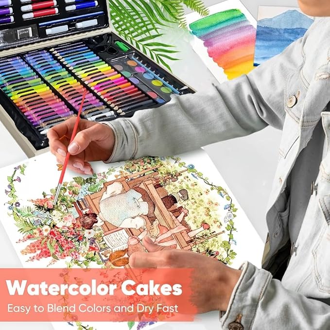 PREMIUM 150 PCS Wooden Case Art Set Supplies Drawing Painting Art Set for Kids Girls Boys Teens, Wooden Case Coloring Art Kit Drawing Art Supplies Case, Markers Crayon Colour Pencils for Artists Kids