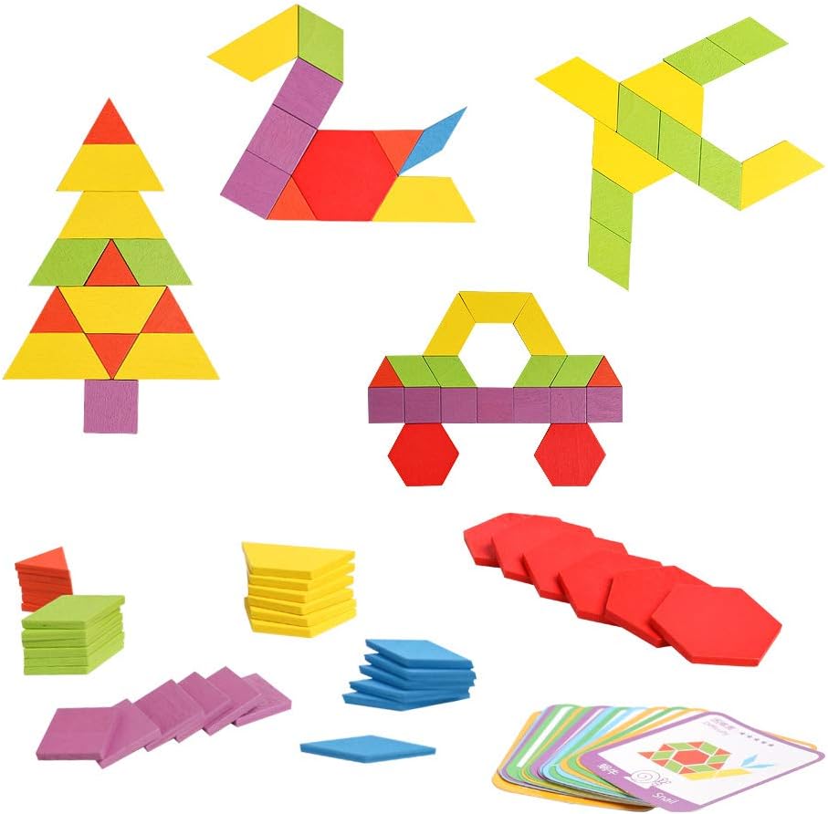 PREMIUM Pattern Blocks Montessori Toys Shape Puzzles Kindergarten Classic Educational Tangram Geometric Brain Teaser Toys Best STEM for Kids Ages 4-8