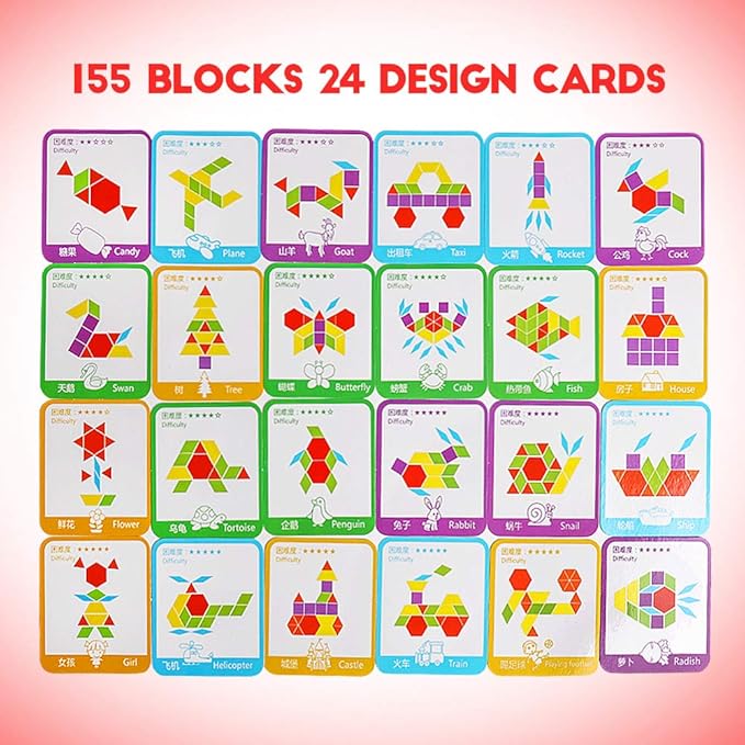 PREMIUM Pattern Blocks Montessori Toys Shape Puzzles Kindergarten Classic Educational Tangram Geometric Brain Teaser Toys Best STEM for Kids Ages 4-8
