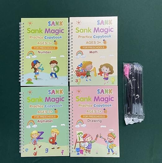 PREMIUM 4Pcs Sank Magic Books for Kids (4 Books+ 1 Pen + 10 Refill + 1 Grip) - Sank Magic Practice Copy Book for Kids - Reusable Magical Book - Alphabet Writing Calligraphy Books for Beginners
