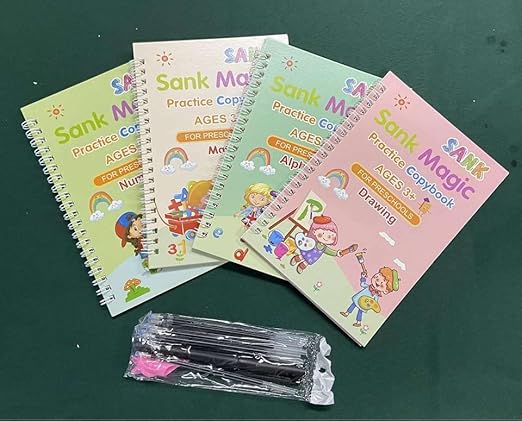 PREMIUM 4Pcs Sank Magic Books for Kids (4 Books+ 1 Pen + 10 Refill + 1 Grip) - Sank Magic Practice Copy Book for Kids - Reusable Magical Book - Alphabet Writing Calligraphy Books for Beginners