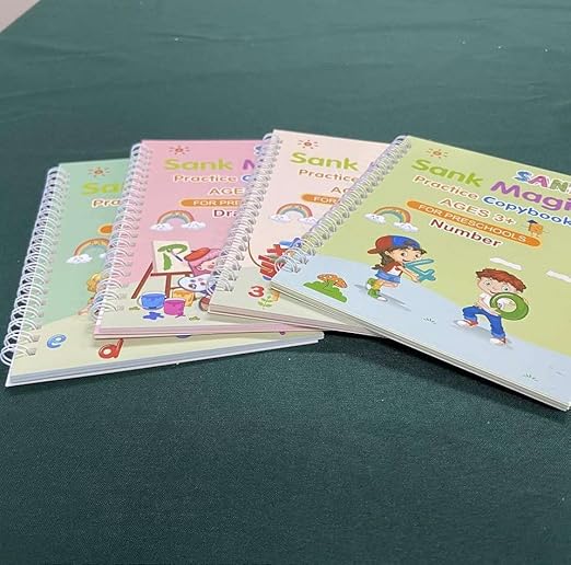 PREMIUM 4Pcs Sank Magic Books for Kids (4 Books+ 1 Pen + 10 Refill + 1 Grip) - Sank Magic Practice Copy Book for Kids - Reusable Magical Book - Alphabet Writing Calligraphy Books for Beginners