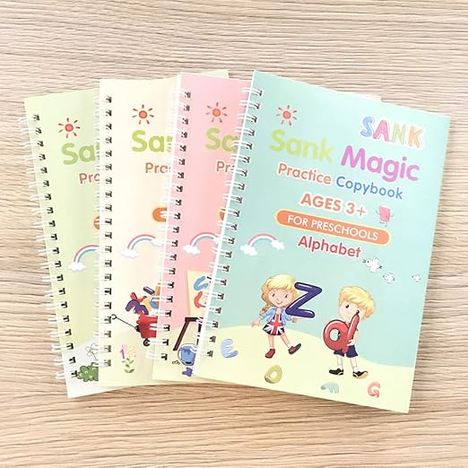 PREMIUM 4Pcs Sank Magic Books for Kids (4 Books+ 1 Pen + 10 Refill + 1 Grip) - Sank Magic Practice Copy Book for Kids - Reusable Magical Book - Alphabet Writing Calligraphy Books for Beginners