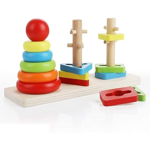PREMIUM Wooden Rainbow Column Tower Stacking Rings Toy Classic Stacker ​Wooden Shape Color Recognition Sorting & Stacking Block Puzzle for 3-6 Year Olds