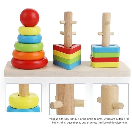 PREMIUM Wooden Rainbow Column Tower Stacking Rings Toy Classic Stacker ​Wooden Shape Color Recognition Sorting & Stacking Block Puzzle for 3-6 Year Olds