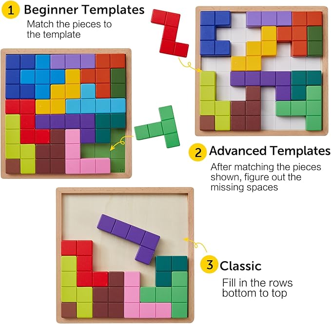 EXCITING Colour Puzzles Kids Montessori Wooden Tetris Puzzle Toy Brain Teaser Game Children Dementia Products for Elderly, Tiles Matching Game Activities for Seniors