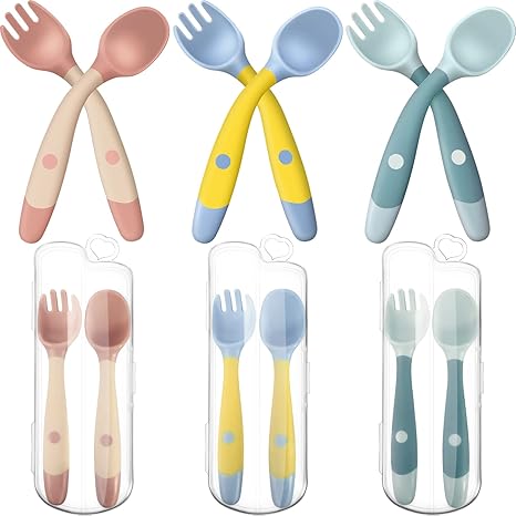 PREMIUM 2 PCs baby bendable silicon spoon fork set Toddler Utensils Baby Spoons and Forks Set with Case Bendable Self Feeding Training Flatware Silicone Spoon Fork for Kids Babies Children