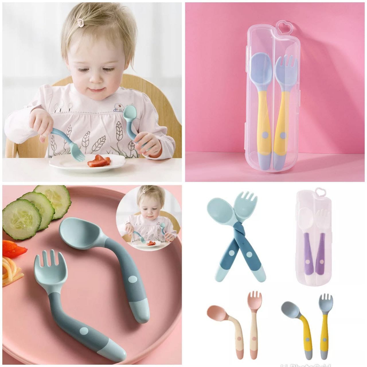 PREMIUM 2 PCs baby bendable silicon spoon fork set Toddler Utensils Baby Spoons and Forks Set with Case Bendable Self Feeding Training Flatware Silicone Spoon Fork for Kids Babies Children