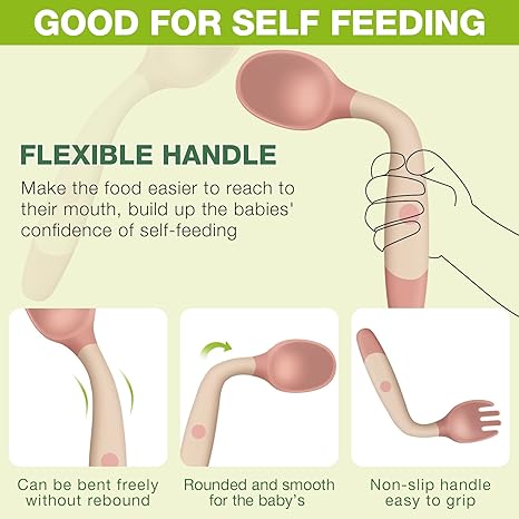 PREMIUM 2 PCs baby bendable silicon spoon fork set Toddler Utensils Baby Spoons and Forks Set with Case Bendable Self Feeding Training Flatware Silicone Spoon Fork for Kids Babies Children