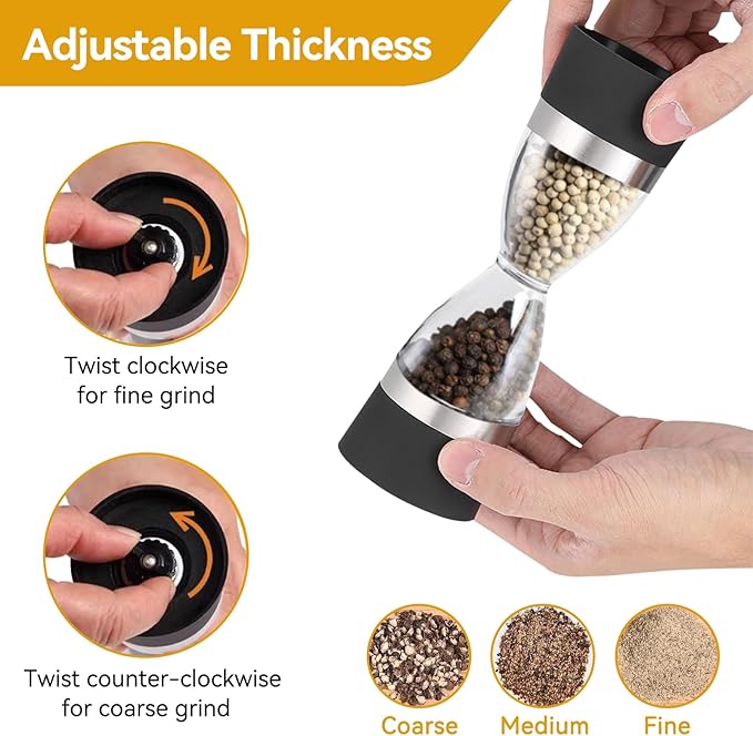 PREMIUM Manually adjustable thickness, hour glass 2 in 1 Dual Salt Pepper Mills,  Pepper Grinder, Sesame, Spice Grinder, Kitchen spice jar