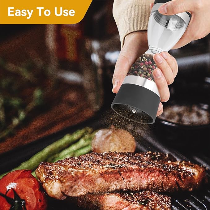 PREMIUM Manually adjustable thickness, hour glass 2 in 1 Dual Salt Pepper Mills,  Pepper Grinder, Sesame, Spice Grinder, Kitchen spice jar