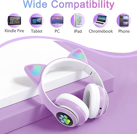 PREMIUM Cat Ear Wireless Headphones (Model VIV-23M) Headphones for School, Bluetooth Wireless Headphones with Microphone for Kids Teens Adults, Cat Ear Headphones for Girls Women