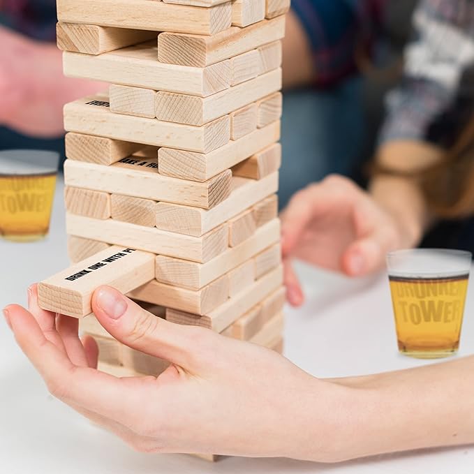 PREMIUM Drunken Tower Drinking Games for Adults, with 4 Glasses and Wooden Blocks with Challenges, Fun House Adult Party Games for Game Night, Great Gift Idea